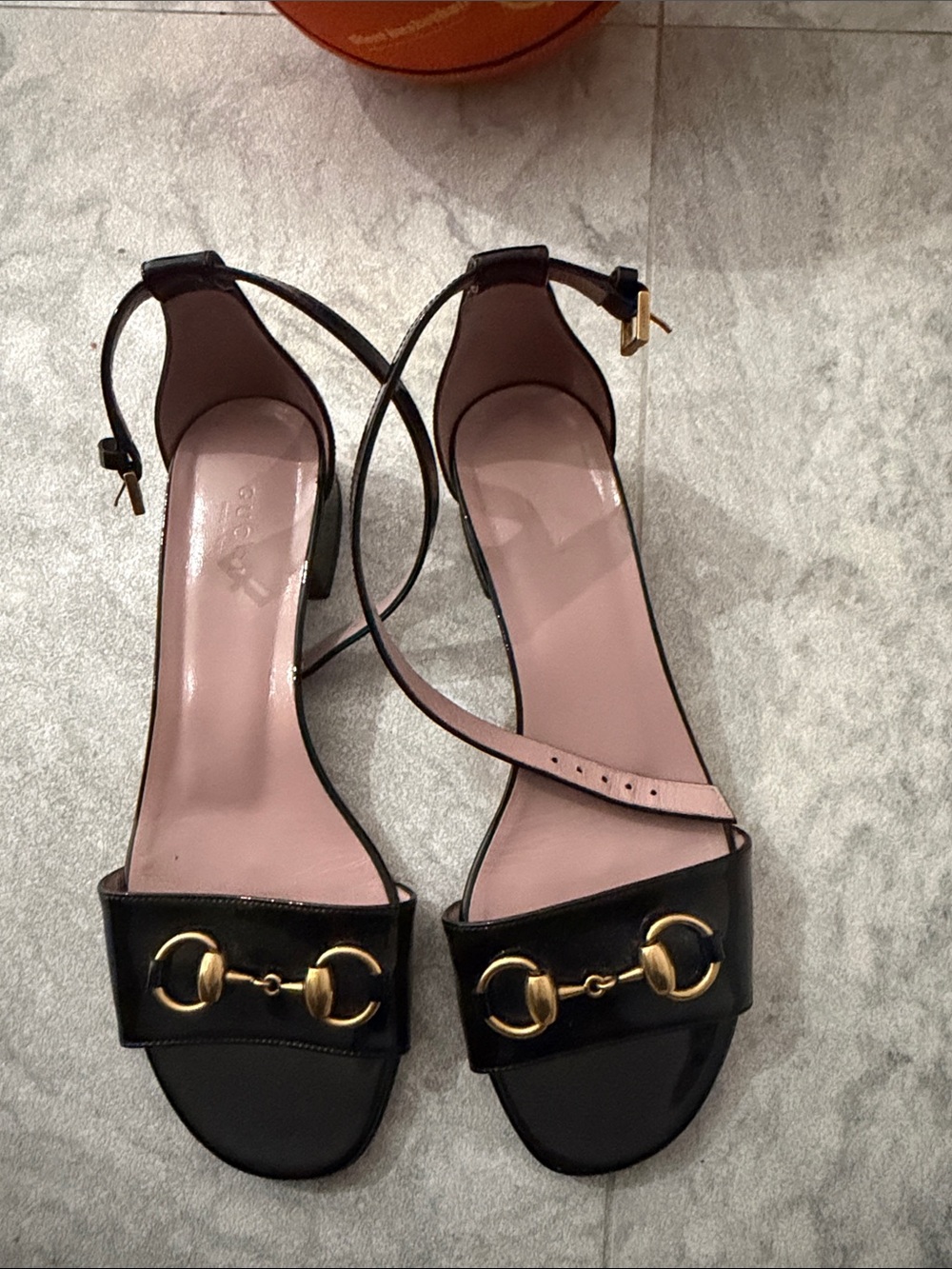 Gucci Black Leather Horsebit Ankle-Strap Sandals with Pink Insole